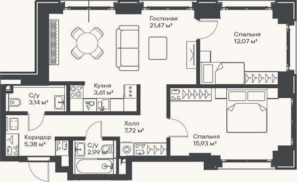 Планировка: 3-к, 72,3 м²
