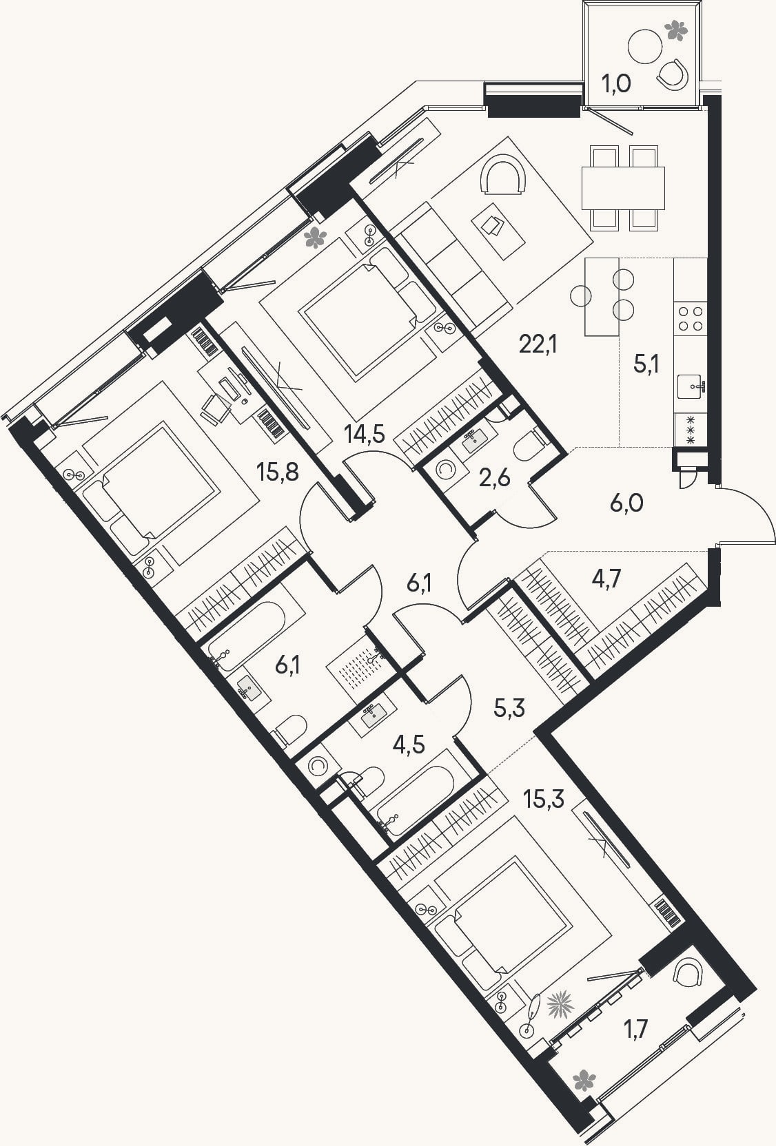Планировка: 4+ к, 108,1 м²