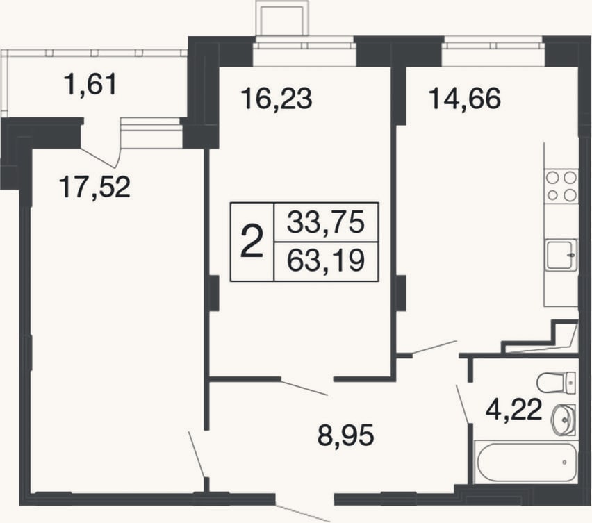 Планировка: 2-к, 61,6 м²