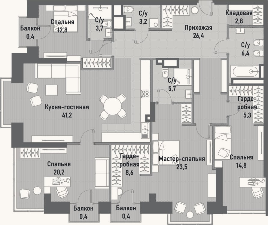 Планировка: 4+ к, 173,8 м²