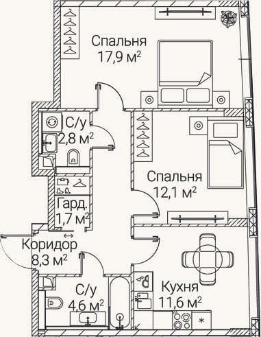 Планировка: 2-к, 59 м²