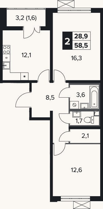 Планировка: 2-к, 57,9 м²