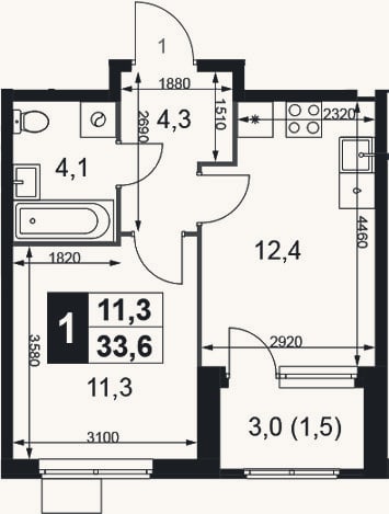 Планировка: 1-к, 32,1 м²