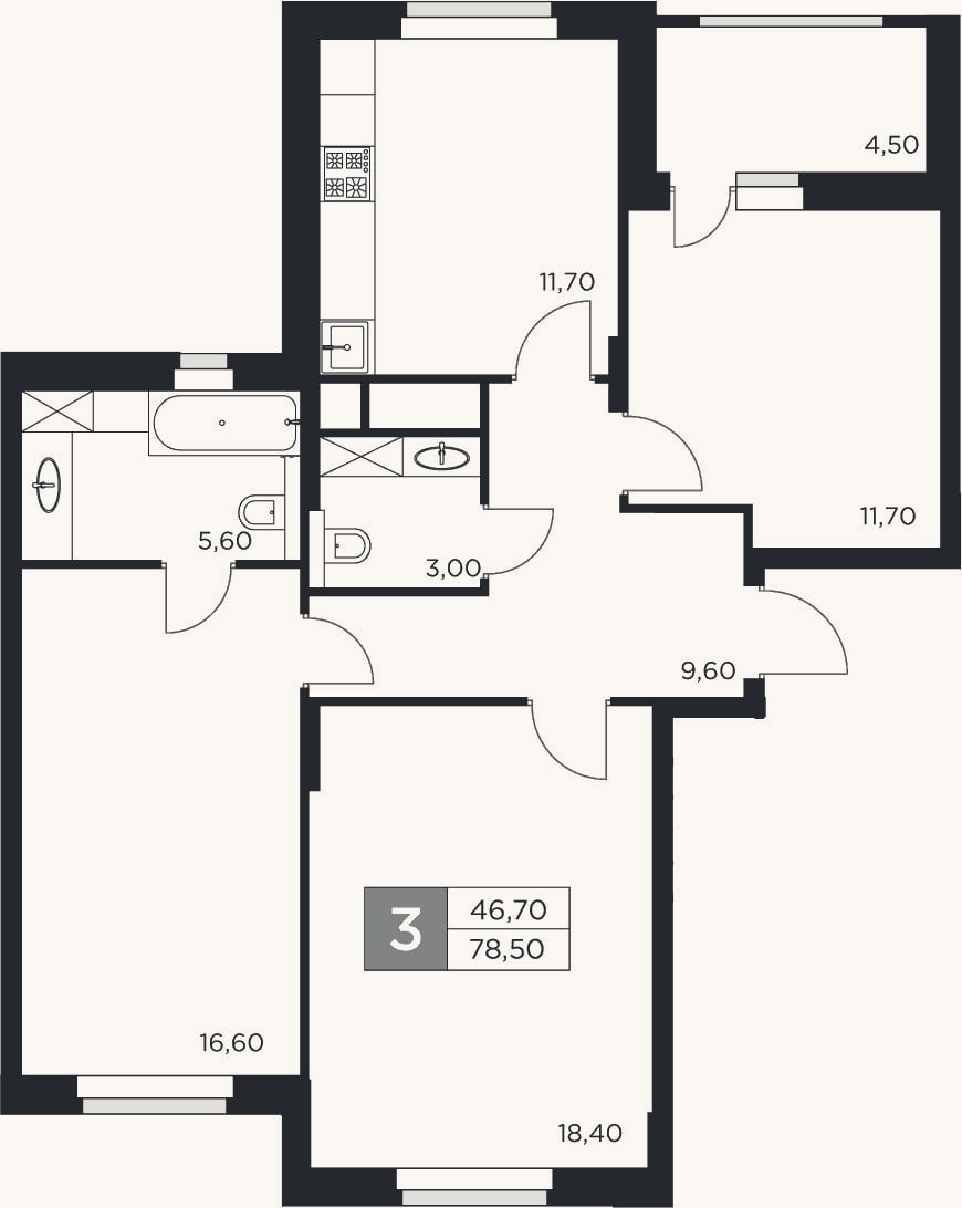 Планировка: 3-к, 76,6 м²