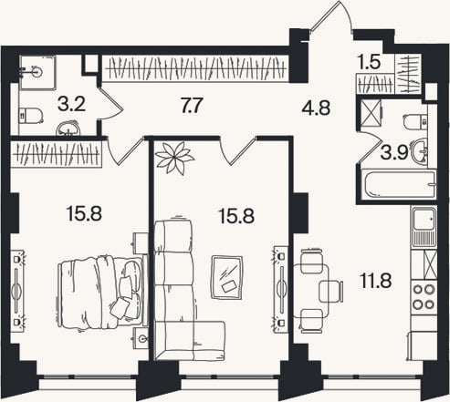 Планировка: 2-к, 64,5 м²