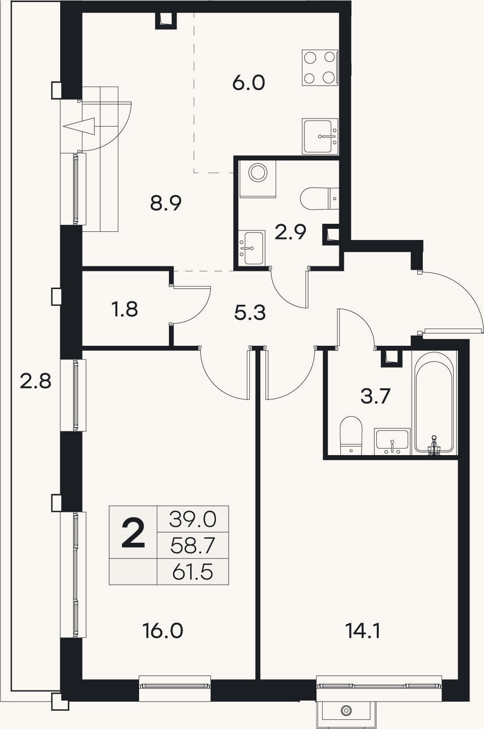 Планировка: 2-к, 58,7 м²