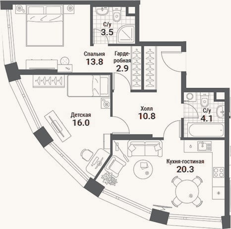 Планировка: 3-к, 71,4 м²