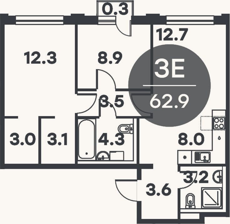 Планировка: 3-к, 62,6 м²