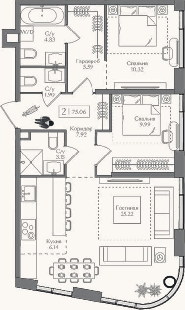 Планировка: 3-к, 75,1 м²