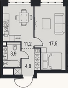 Планировка: 1-к, 37,4 м²