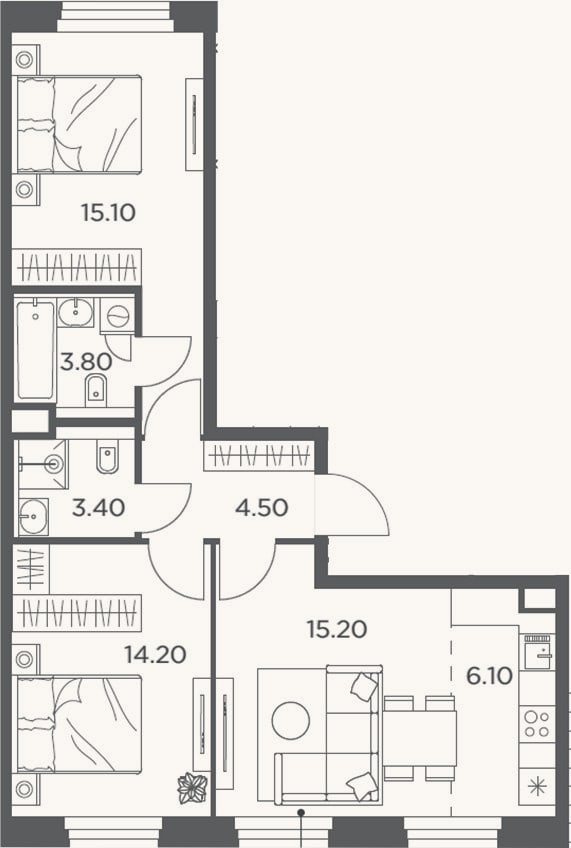 Планировка: 3-к, 62,3 м²