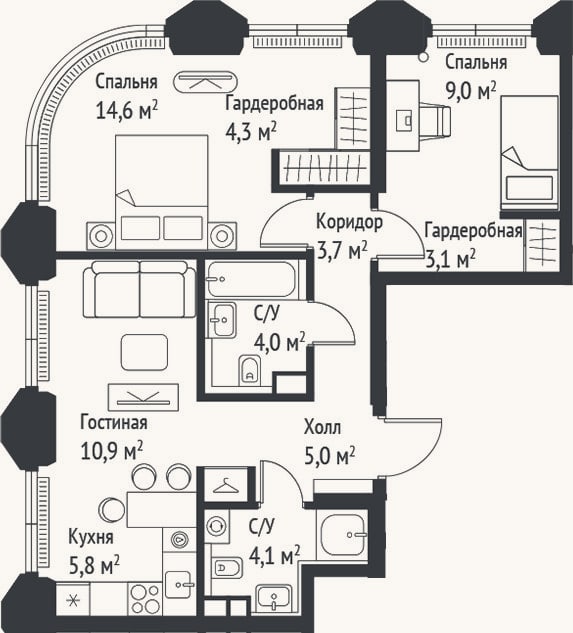 Планировка: 3-к, 64,8 м²