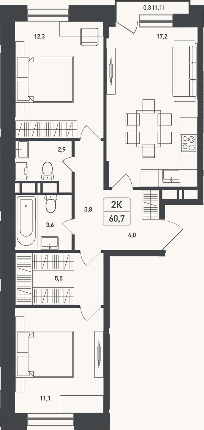 Планировка: 2-к, 62,6 м²