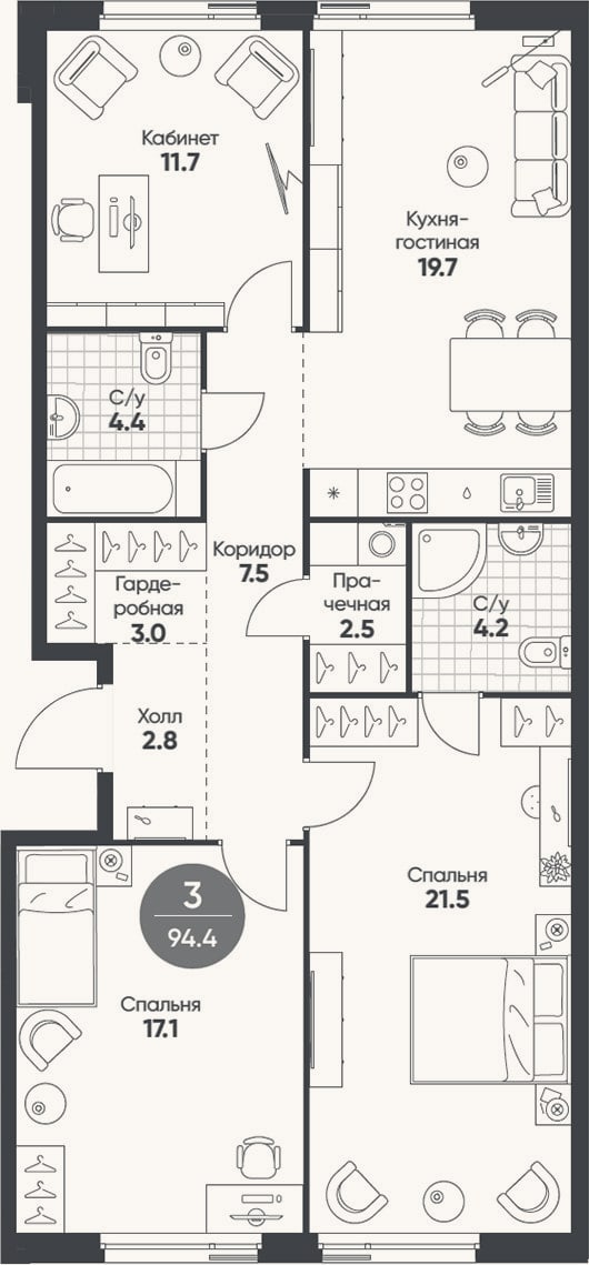 Планировка: 4+ к, 94,4 м²