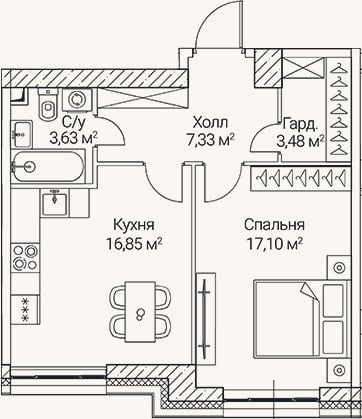 Планировка: 1-к, 48,4 м²
