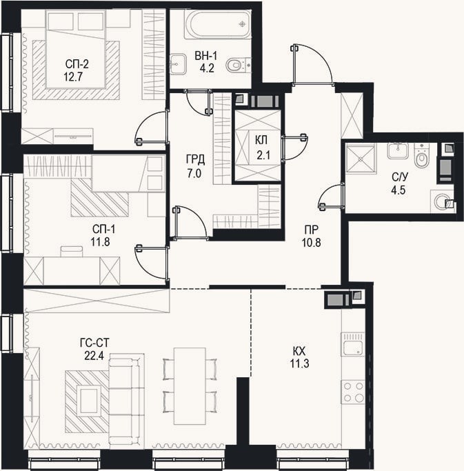 Планировка: 3-к, 86,8 м²