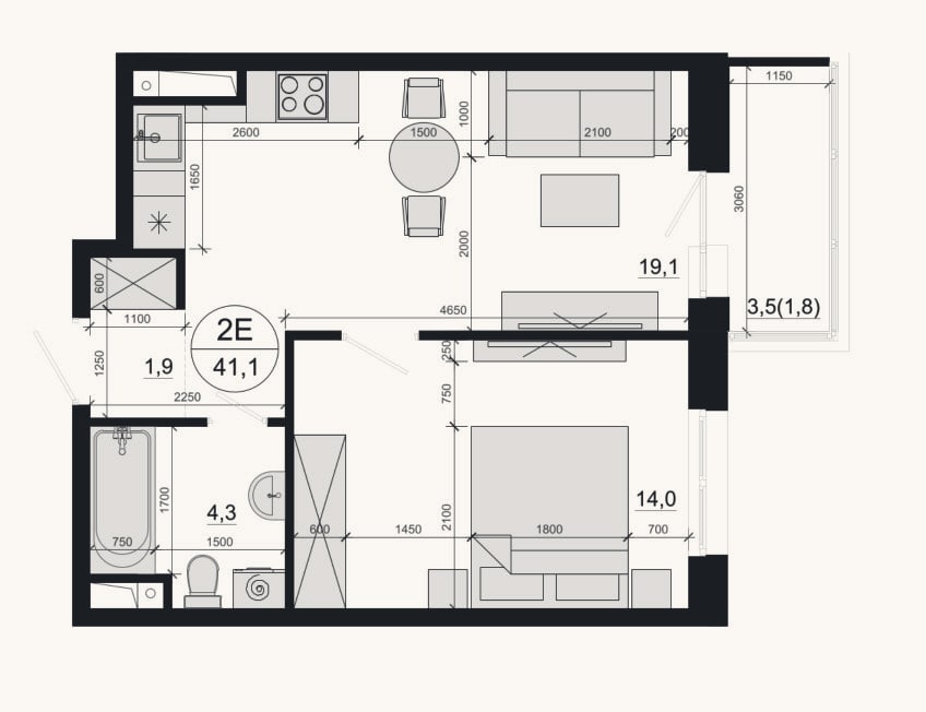 Планировка: 2-к, 39,3 м²