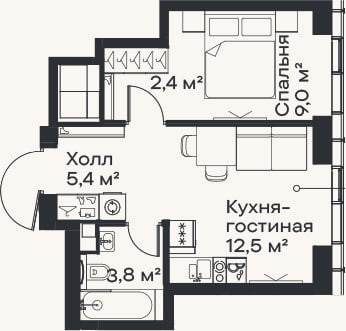 Планировка: 2-к, 33,1 м²