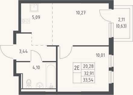 Планировка: 2-к, 32,9 м²