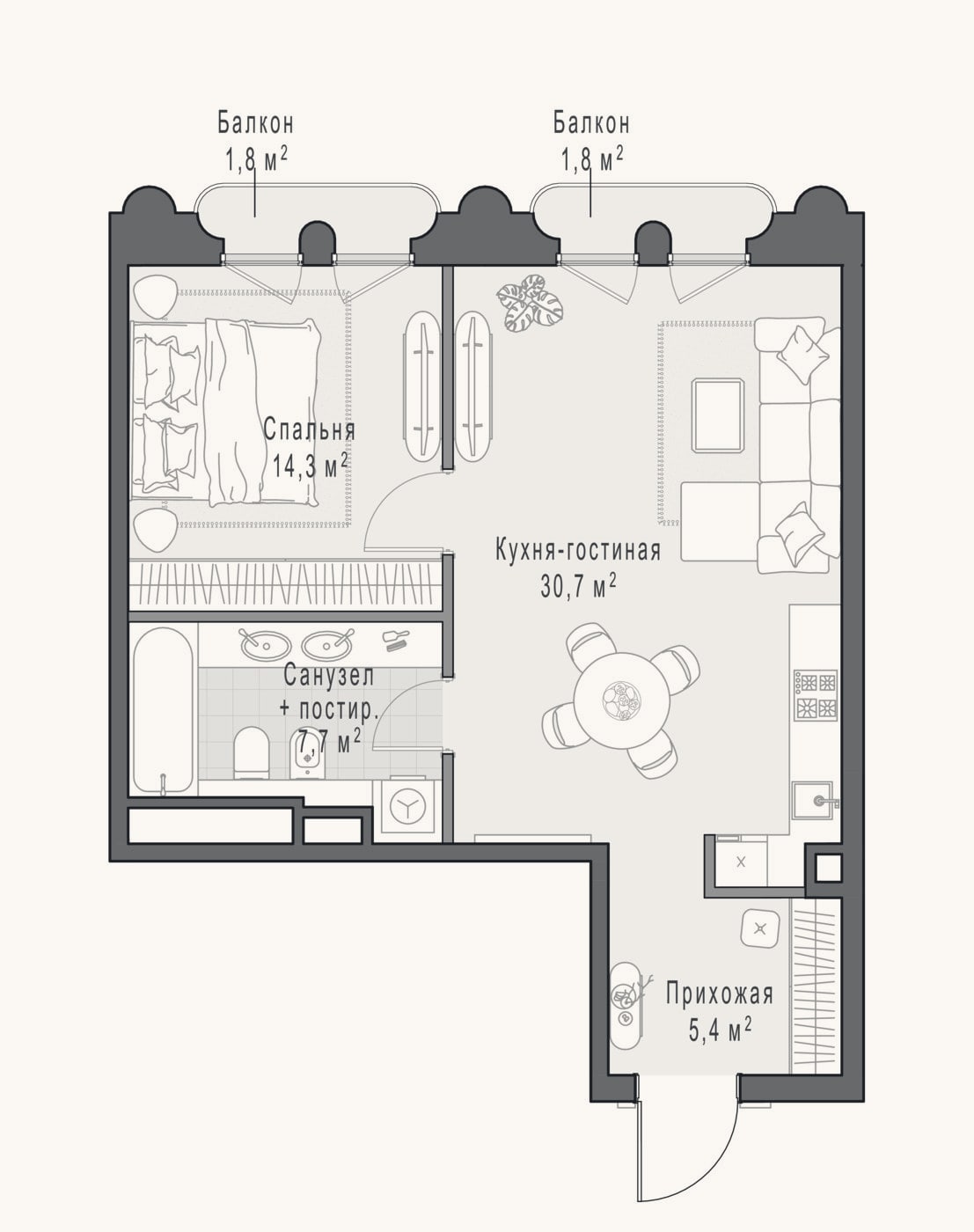 Планировка: 2-к, 58,6 м²