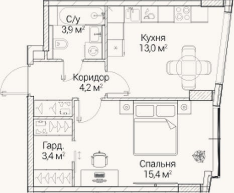 Планировка: 1-к, 39,8 м²