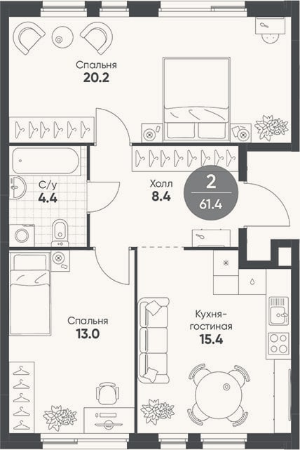Планировка: 3-к, 61,4 м²