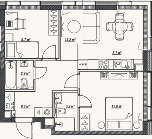 Планировка: 3-к, 56,4 м²