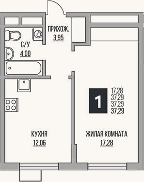 Планировка: 1-к, 37,3 м²