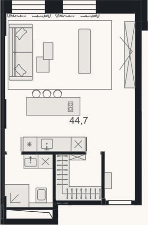 Планировка: Своб. план., 44,8 м²