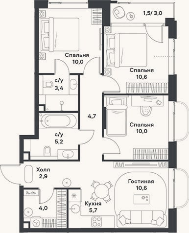 Планировка: 4+ к, 67,1 м²