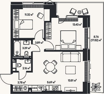 Планировка: 3-к, 57,5 м²