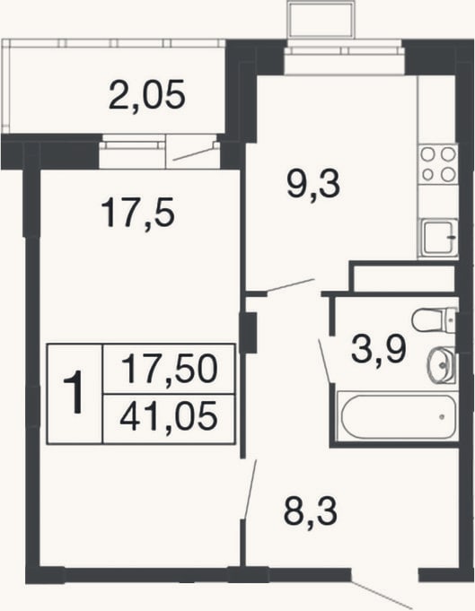Планировка: 1-к, 39 м²