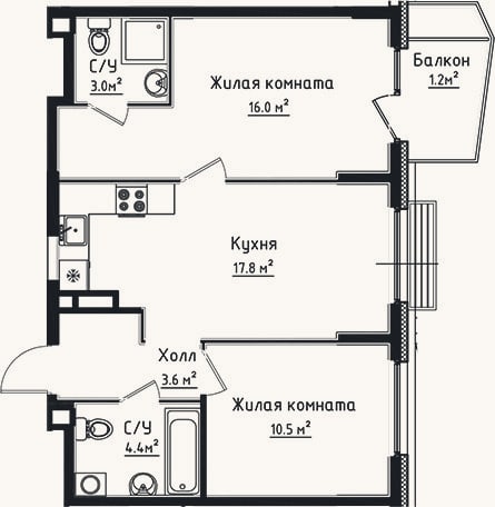 Планировка: 2-к, 55,3 м²