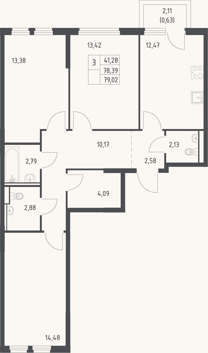 Планировка: 3-к, 78,4 м²