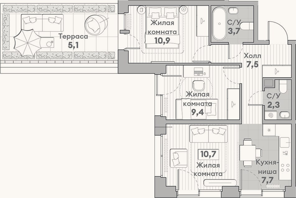 Планировка: 3-к, 52,2 м²