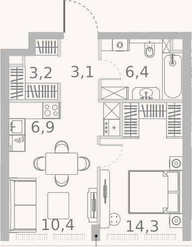 Планировка: 2-к, 44,3 м²