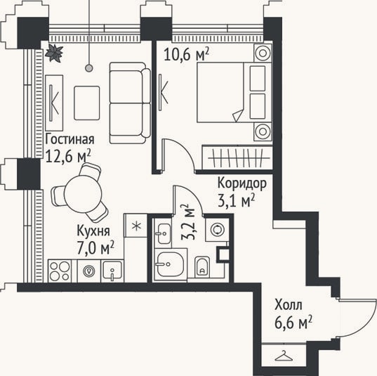 Планировка: 2-к, 43,1 м²
