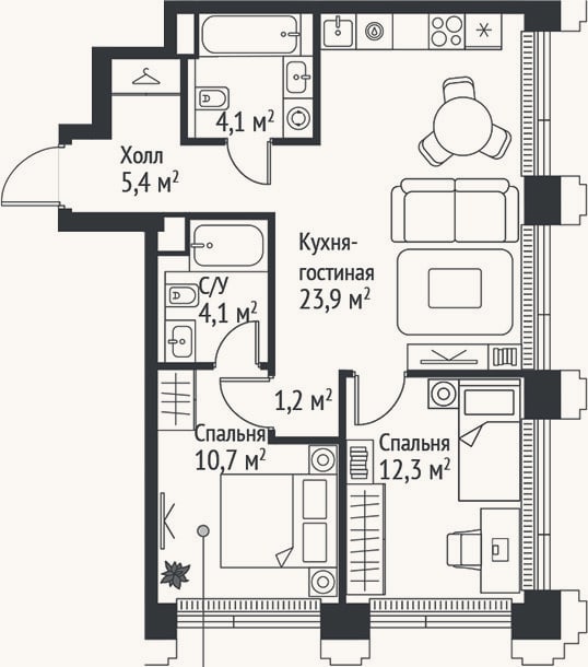 Планировка: 3-к, 61,7 м²