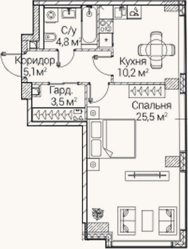 Планировка: 1-к, 49,8 м²