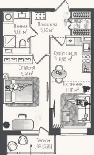 Планировка: 1-к, 44 м²