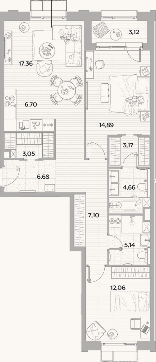 Планировка: 3-к, 80,8 м²