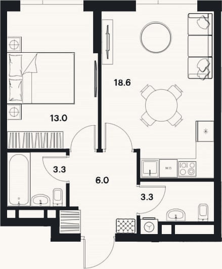 Планировка: 2-к, 44,2 м²
