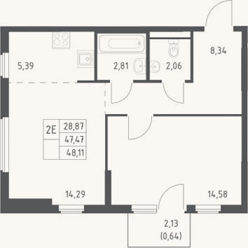 Планировка: 2-к, 47,5 м²