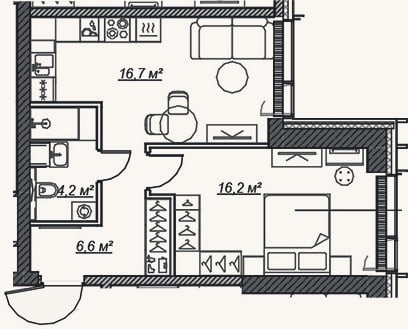 Планировка: 2-к, 43,7 м²