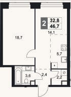 Планировка: 2-к, 46,7 м²
