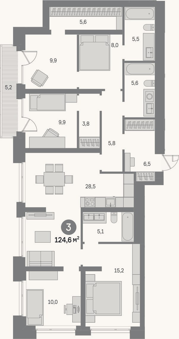 Планировка: 4+ к, 119,4 м²