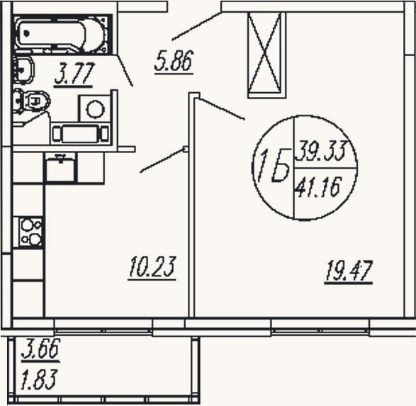 Планировка: 1-к, 39,3 м²