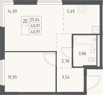 Планировка: 2-к, 40,9 м²