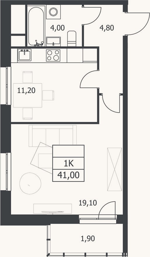 Планировка: 1-к, 39,1 м²