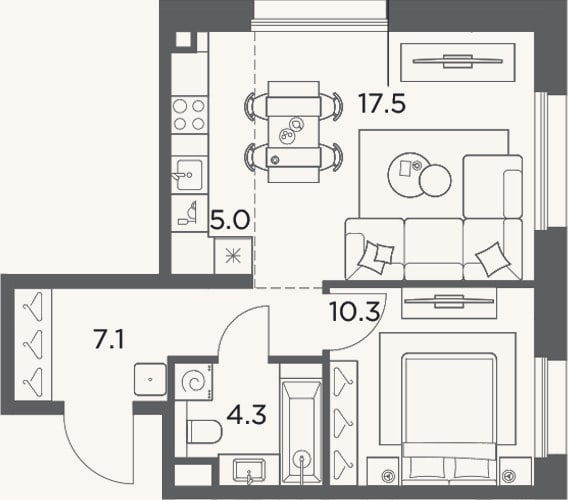 Планировка: 2-к, 44,2 м²